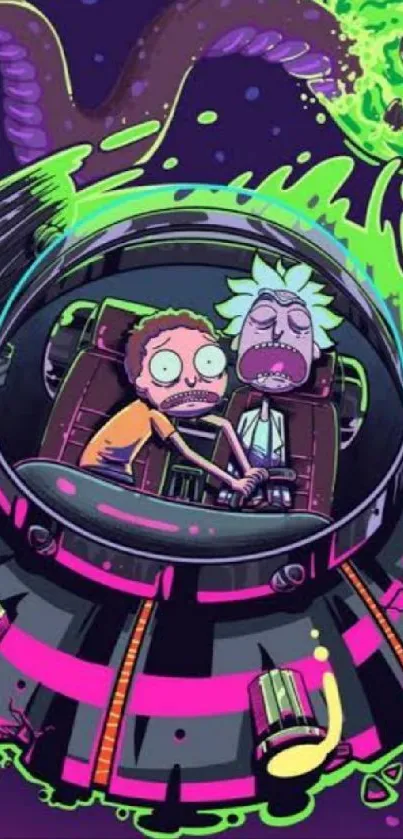 Cartoon characters in a spaceship with vibrant green and purple hues.