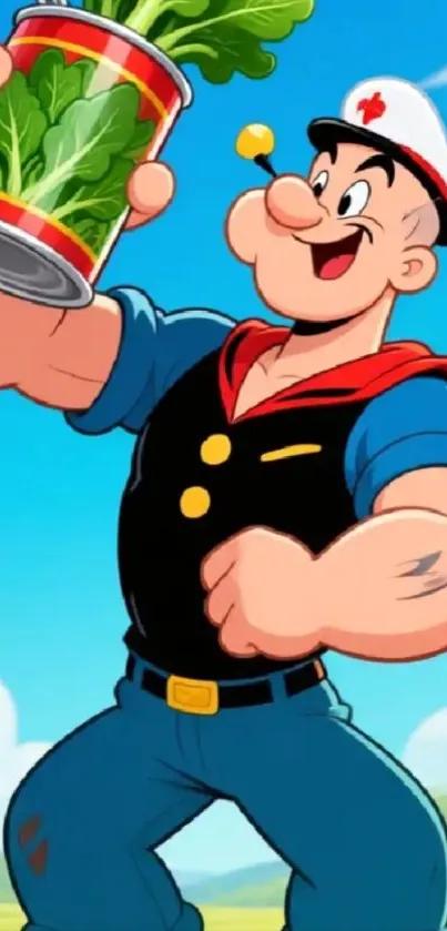 Colorful cartoon character with spinach can under a blue sky.