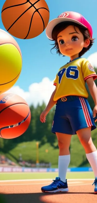 Cartoon character playing sports with vibrant basketballs outdoors.
