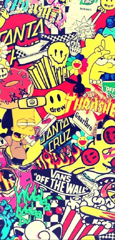 Vibrant cartoon sticker collage wallpaper with bold colors