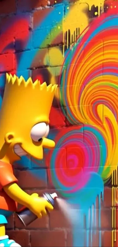 Cartoon character spray painting vibrant graffiti wall.