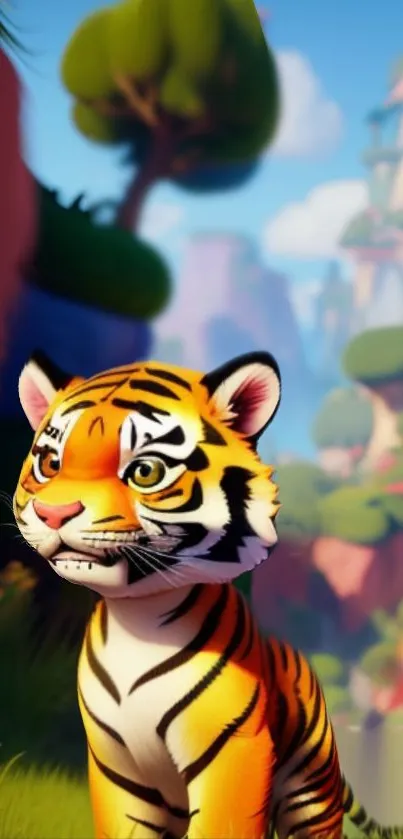 Cartoon tiger in vibrant, lush animated setting on a mobile wallpaper.