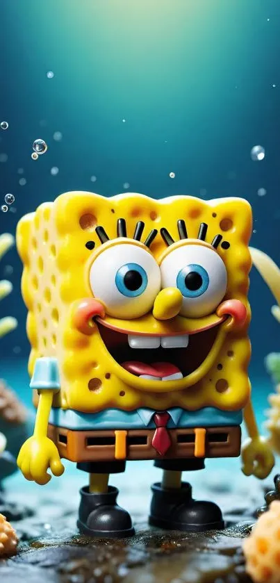 Cartoon sponge character in an underwater scene with bright colors.