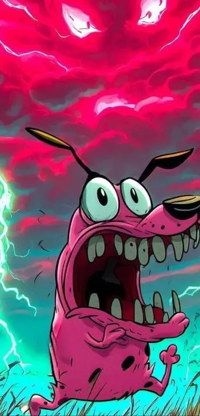 Animated pink dog under vibrant, stormy sky.