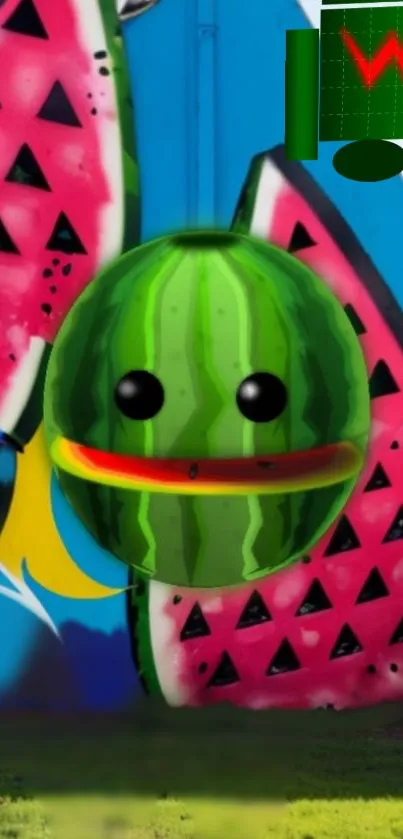 Colorful cartoon watermelon with graffiti wall art background.