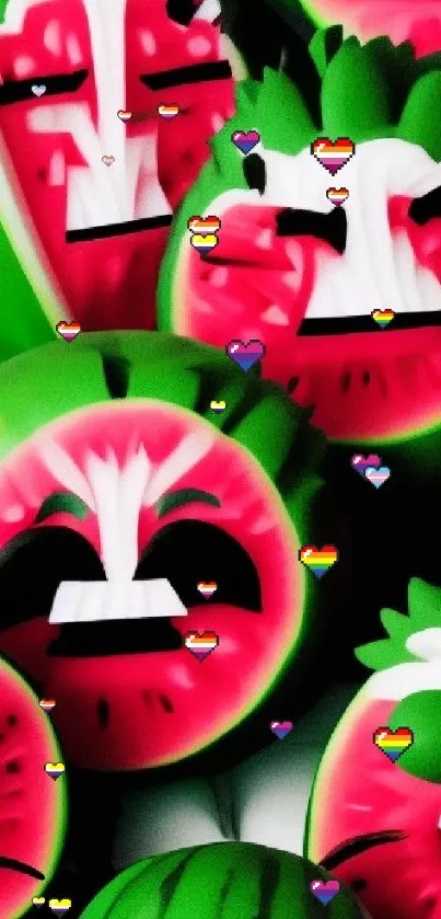 Cartoon watermelon faces with vibrant green and pink colors.