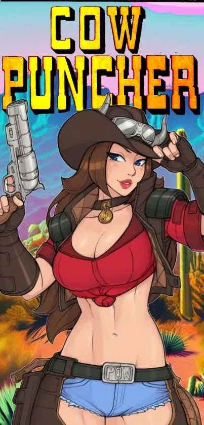 Cartoon cowgirl in a vibrant western desert scene with a gun and cowboy hat.