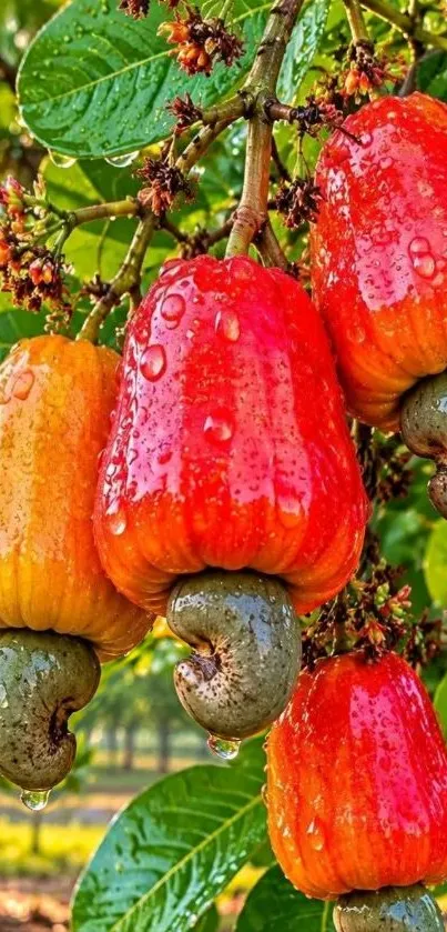 Ripe cashew fruits with vibrant hues and green leaves.