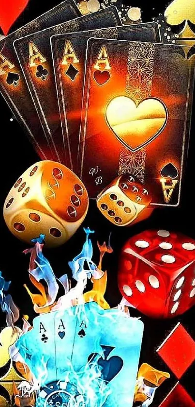 Vibrant casino-themed mobile wallpaper with dice and cards.