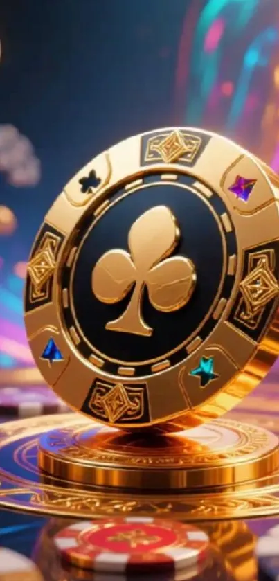 Golden poker chip with vibrant colors and intricate designs.