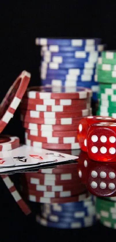 Colorful casino scene with poker chips and dice.