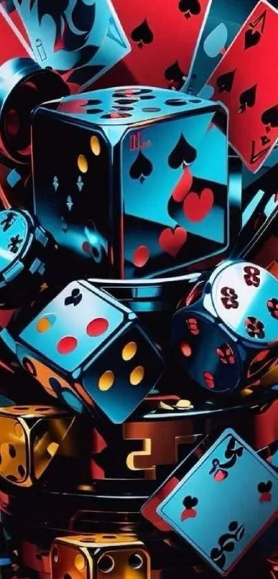 Vibrant wallpaper featuring dice and playing cards.