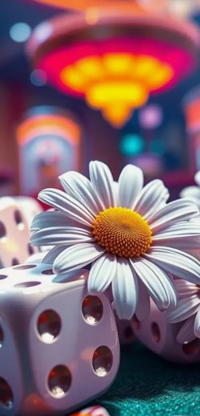 Colorful casino dice and daisies with vibrant background.