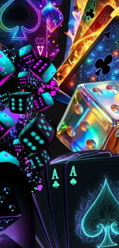 Neon-themed wallpaper with glowing cards and dice in vibrant colors.