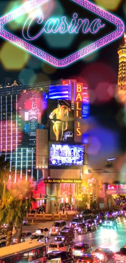 Vibrant Las Vegas casino night wallpaper with neon lights and cityscape.