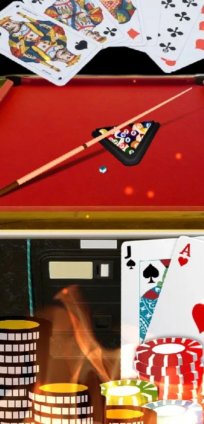 Red pool table with cards and chips theme.