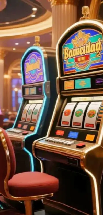 Colorful casino slot machines with neon lights.