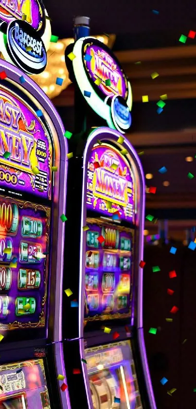 Colorful slot machines in a casino setting with vibrant neon lights.