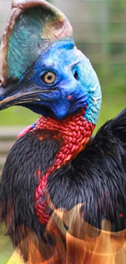 Vibrant cassowary bird with colorful feathers in a natural setting.