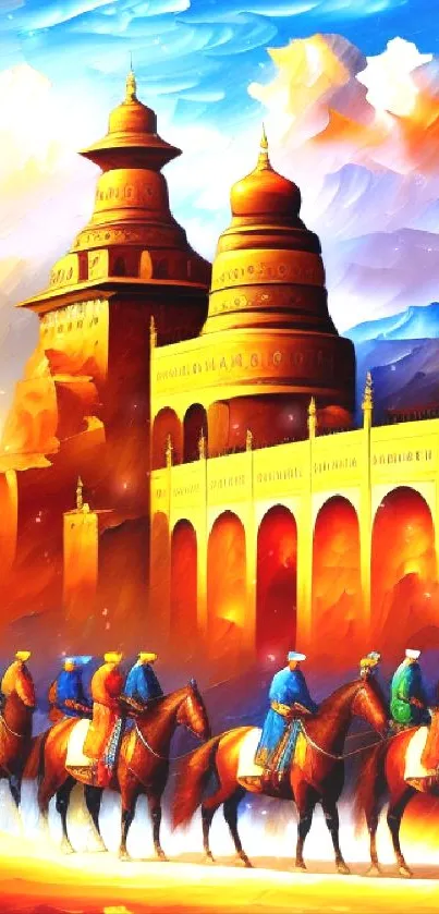 Vibrant fantasy castle with riders at sunset in digital art style.