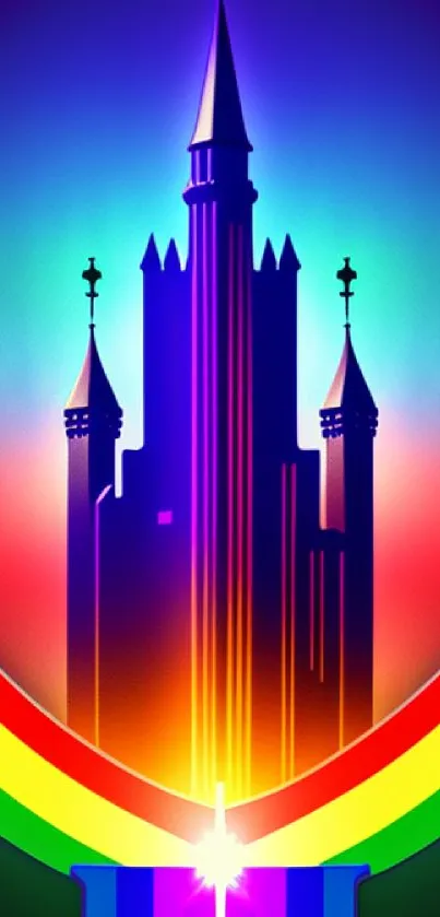 Vibrant castle silhouette with rainbow colors on a phone wallpaper.