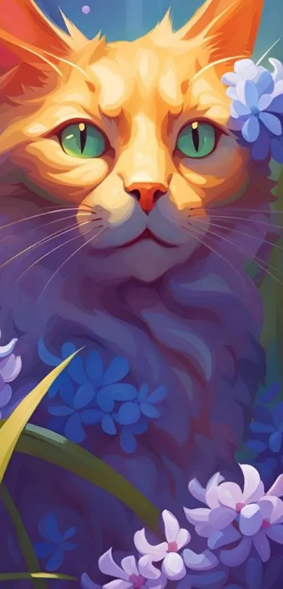 Orange cat surrounded by blue and purple flowers in a vibrant artwork.