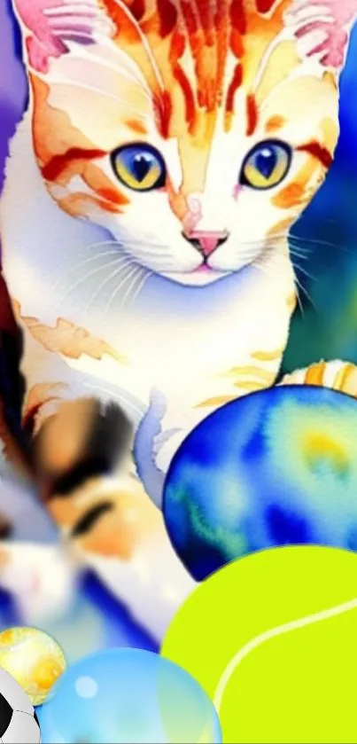 Vibrant cat with colorful balls mobile wallpaper.