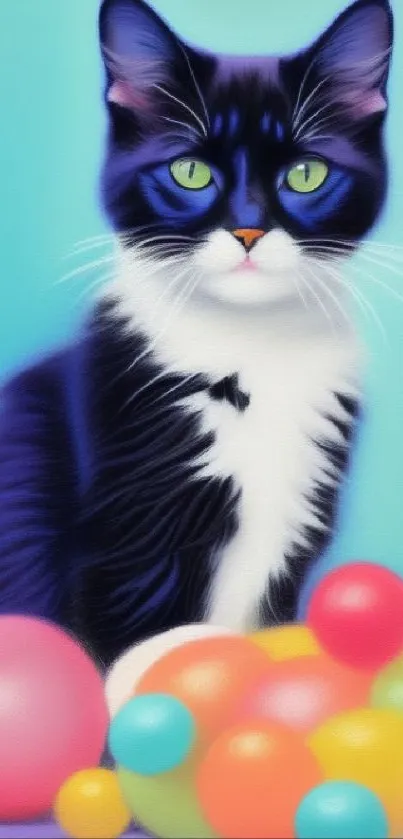 Vibrant cat with colorful bubbles wallpaper.