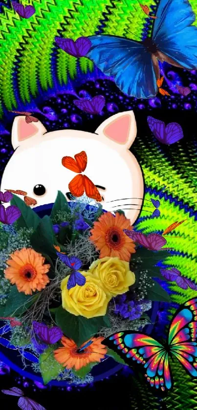 Vibrant wallpaper with a cat, flowers, and butterflies on a psychedelic green background.