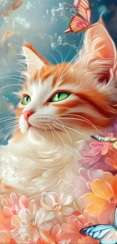 Vibrant artwork of a cat surrounded by colorful butterflies and flowers.