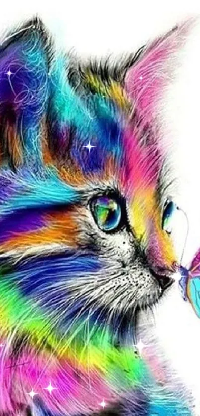 Vibrant rainbow-colored cat with butterfly illustration.