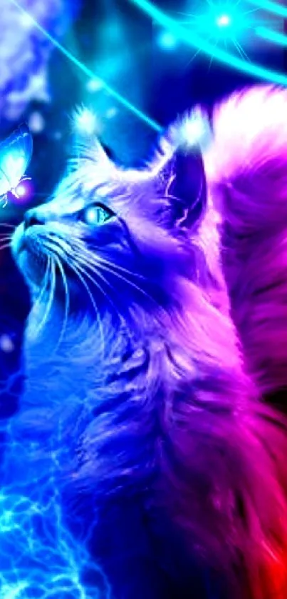 Vibrant neon cat gazing at a butterfly, surrounded by electric colors.