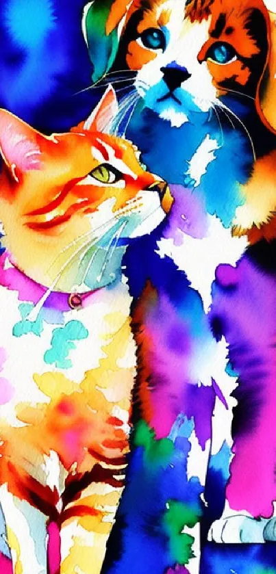 Colorful watercolor art of a cat and dog on a vibrant blue background.