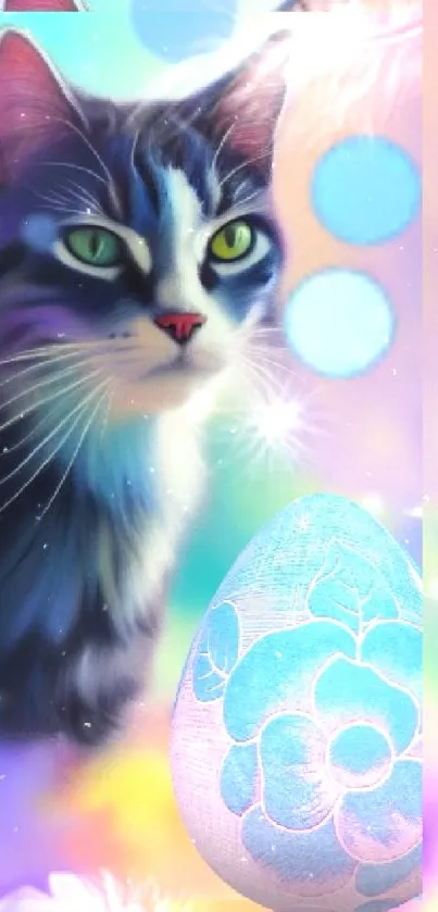 Artistic cat and blue egg on a pastel background.