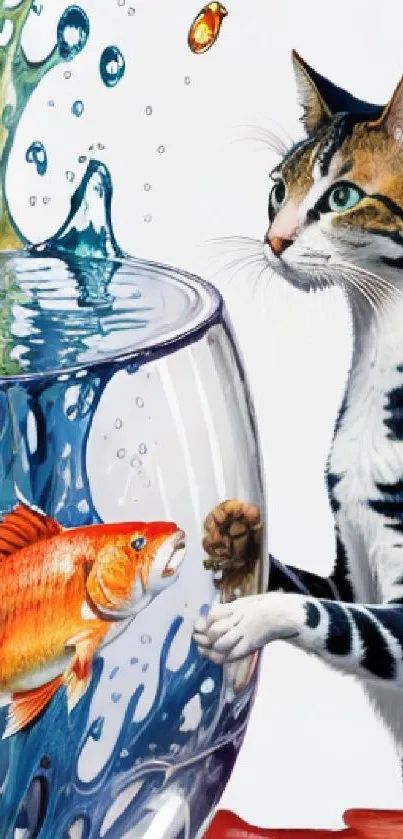 Artistic wallpaper with cat and fish bowl, vibrant colors.