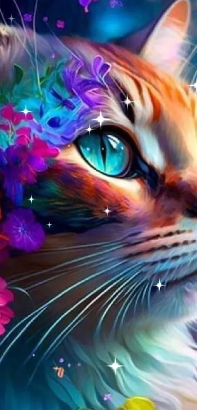 Colorful cat with vibrant flowers in artistic wallpaper.