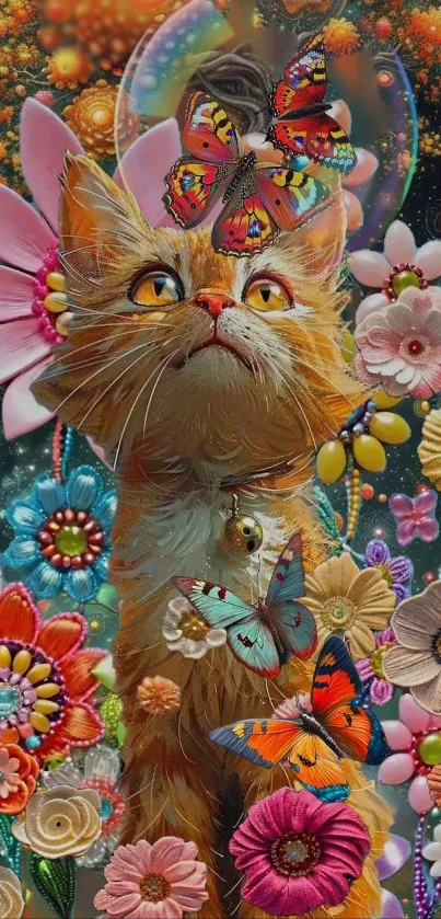 Whimsical cat amidst colorful flowers and butterflies, vibrant phone wallpaper.