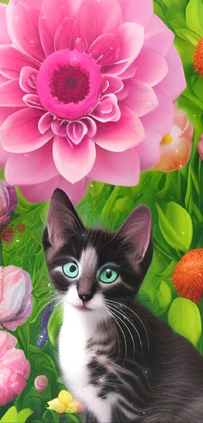 Kitten with pink flowers vibrant wallpaper.
