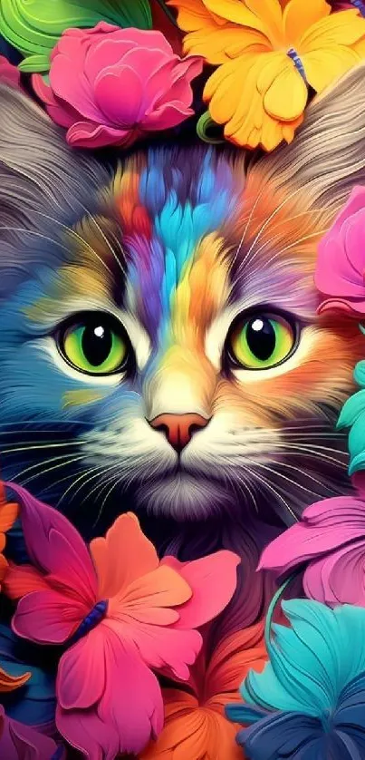 Colorful cat surrounded by vibrant flowers wallpaper.