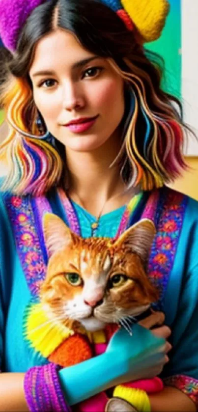 Vibrant illustration of a girl holding a cat, with colorful accents and clothing.