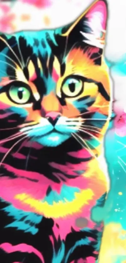 Vibrant pop art cat with neon colors on mobile wallpaper.