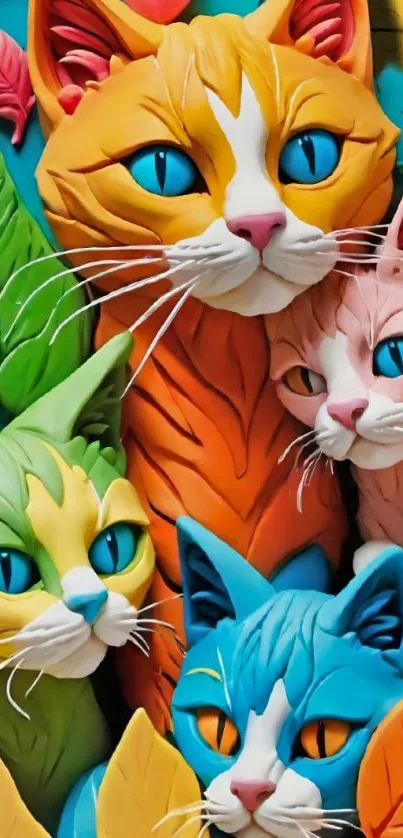 Vibrant clay-style cats with colorful leaves, creating a lively mobile wallpaper design.