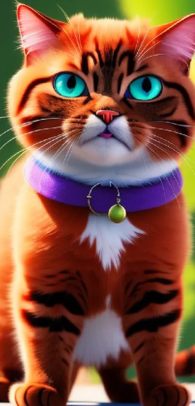 A vibrant orange cat with blue eyes on a bright wallpaper.