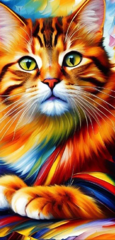 Vibrant, colorful cat artwork with orange, blue, and yellow hues.