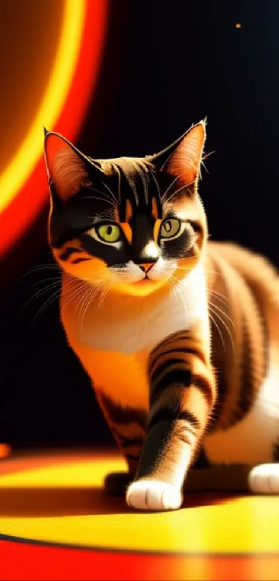 Realistic cat in neon orange and yellow light, creating a vibrant artistic wallpaper.