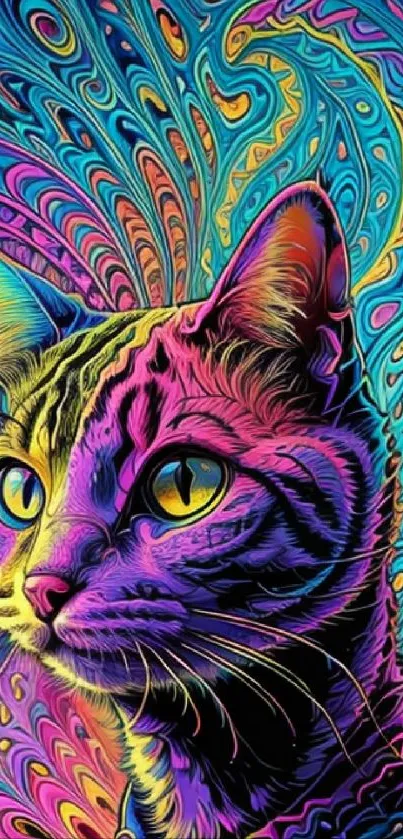 Psychedelic cat art wallpaper with vibrant colors and intricate patterns.