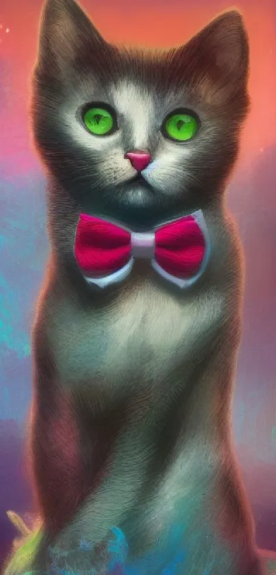 Artistic cat with vibrant bowtie and colorful background.
