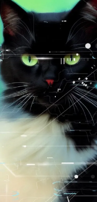 Illustration of black and white cat with green eyes on a green background.