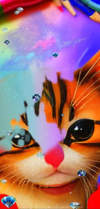 Colorful cat-themed wallpaper with vibrant art and gemstones.