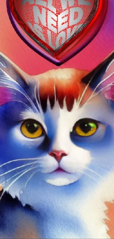 Artistic cat wallpaper with heart symbol and vibrant colors.